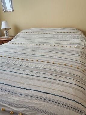 PHF Queen Duvet Cover Blue White Striped Cotton Pom Poms 95 x 88
